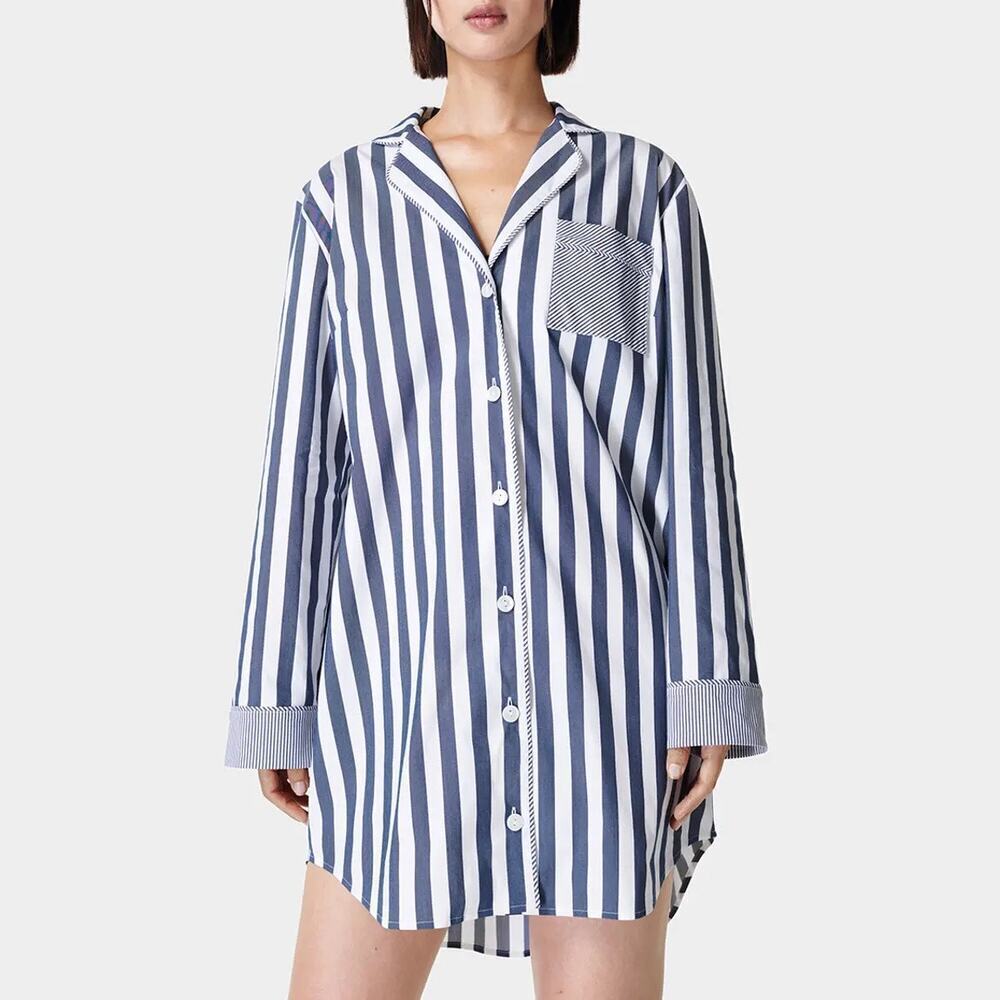 Sweaty Betty Blue Stripe Print Restful Sleep Shirt Navy Blue White - Size: 0 - 2